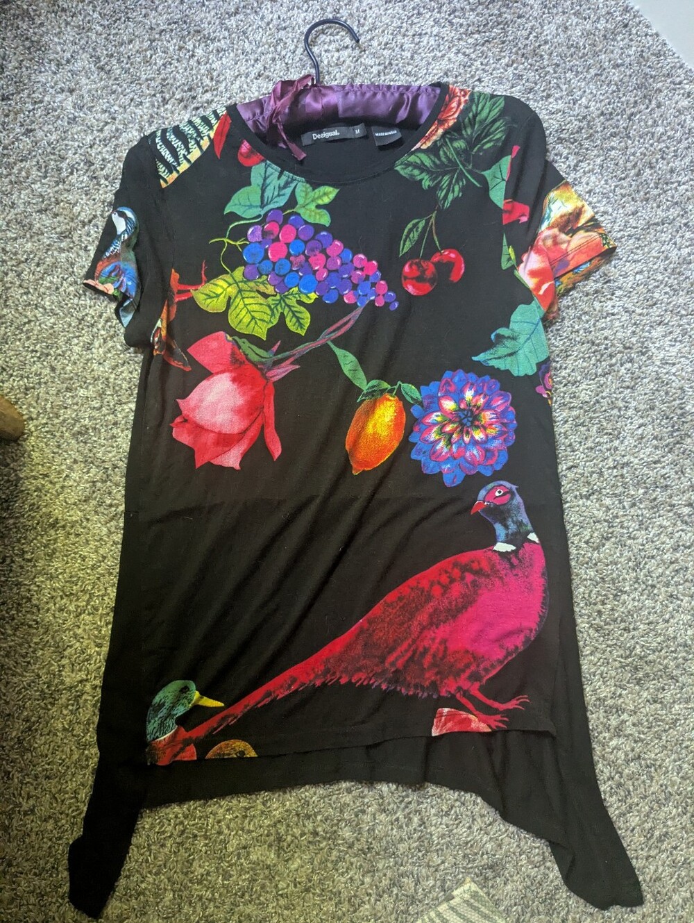 Desigual Black Tee with Vibrant Floral, Fruit & Bird Motif